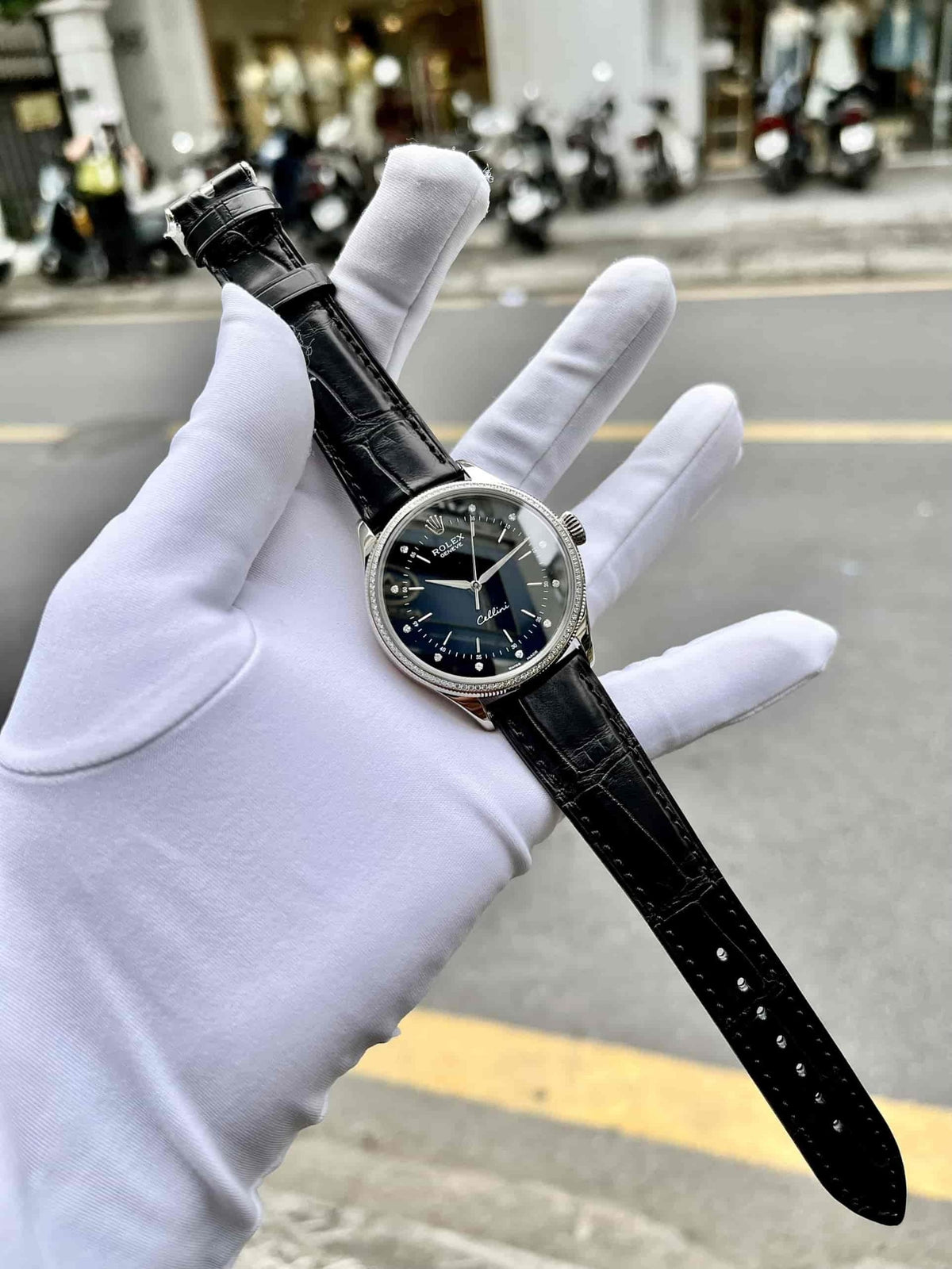 Swiss Rolex Cellini Time Silver Case Black Dial Black Leather Bracelet 622654