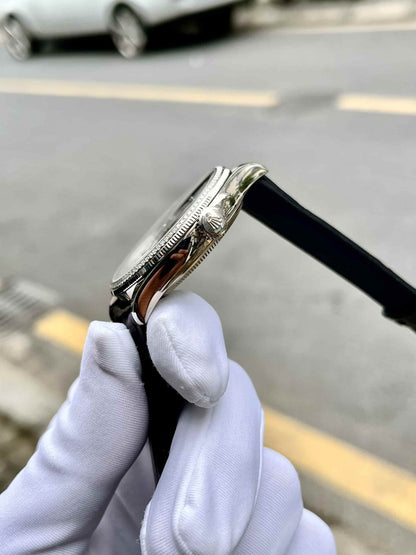Swiss Rolex Cellini Time Silver Case Black Dial Black Leather Bracelet 622654