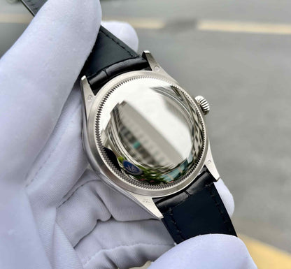 Swiss Rolex Cellini Time Silver Case Black Dial Black Leather Bracelet 622654