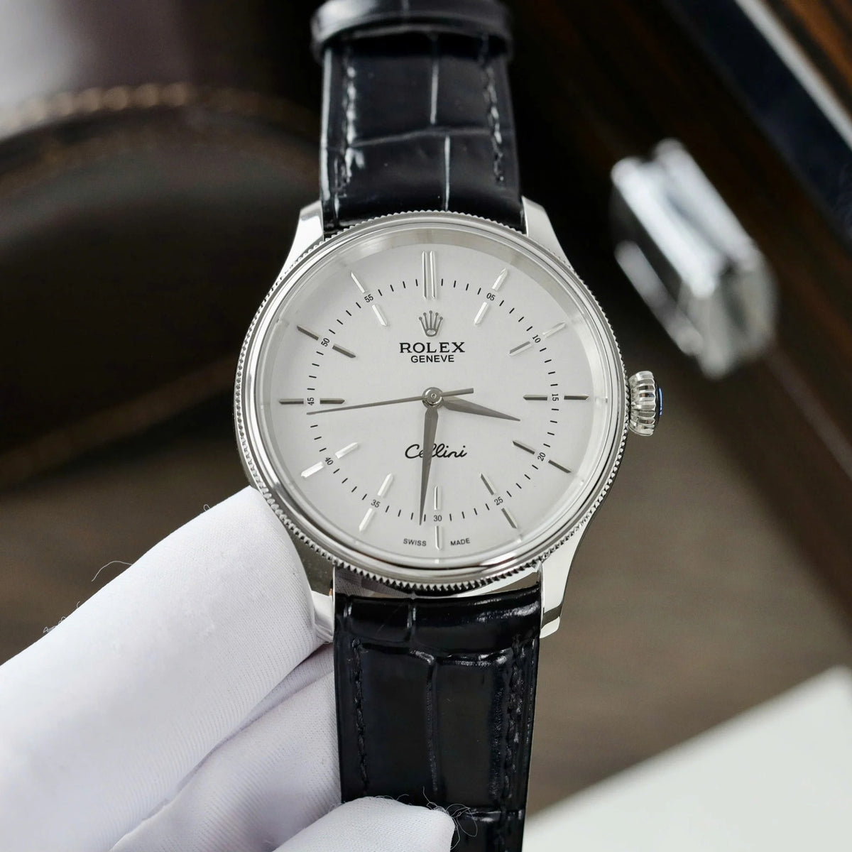 Swiss Rolex Cellini White Guilloche Dial Stainless Steel Case Black Leather Strap