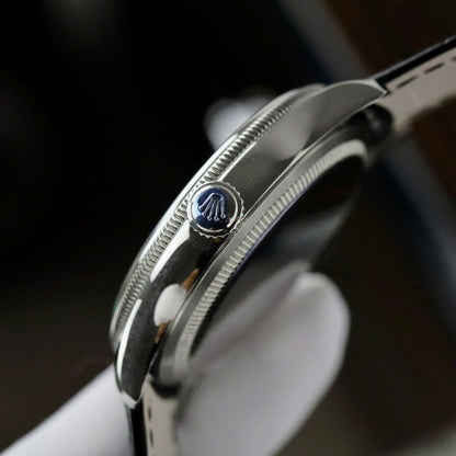 Swiss Rolex Cellini White Guilloche Dial Stainless Steel Case Black Leather Strap