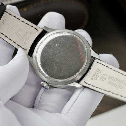 Swiss Rolex Cellini White Guilloche Dial Stainless Steel Case Black Leather Strap
