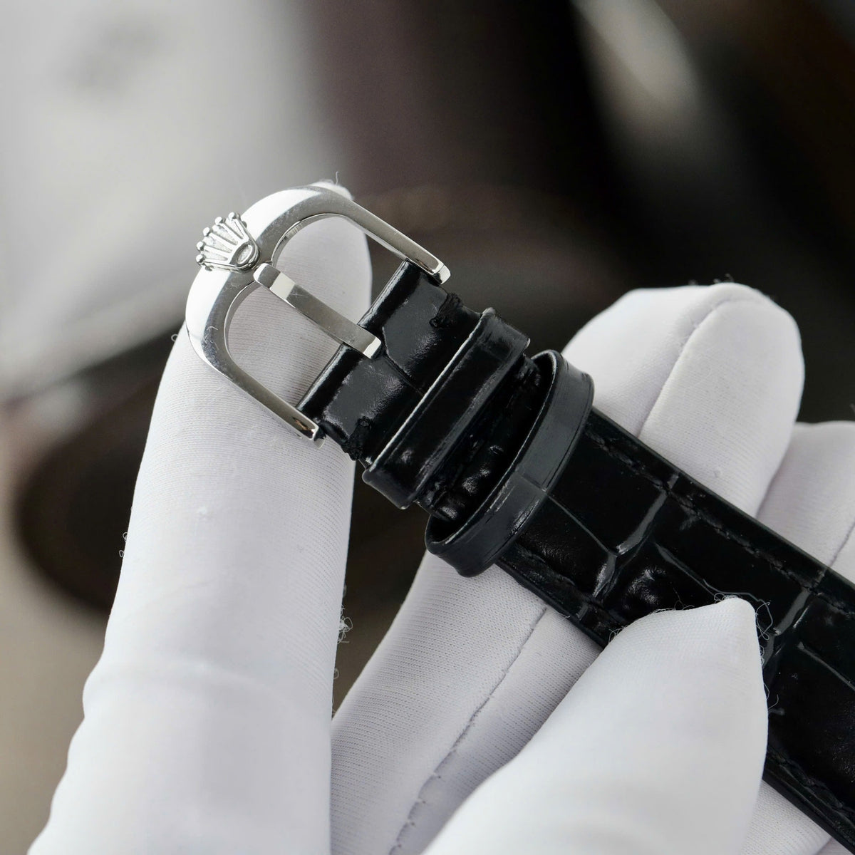 Swiss Rolex Cellini White Guilloche Dial Stainless Steel Case Black Leather Strap