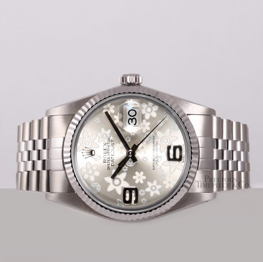 Swiss Rolex DateJust Stainless Steel Ribbed Bezel Flower Silver Dial 42001