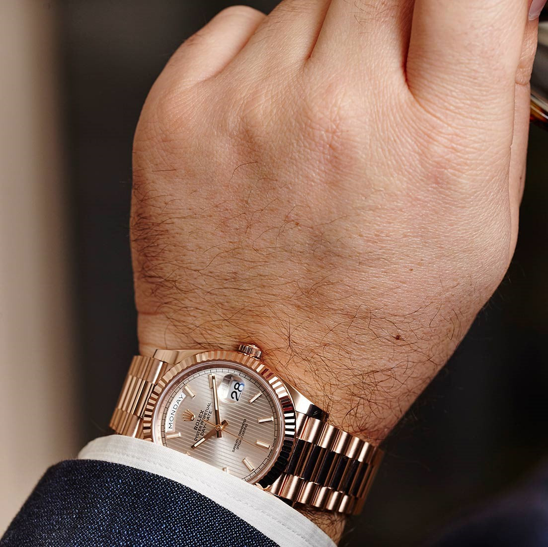 Swiss Rolex Day Date 40 Rose Gold Etched Dial Rose Gold Case And Bracelet