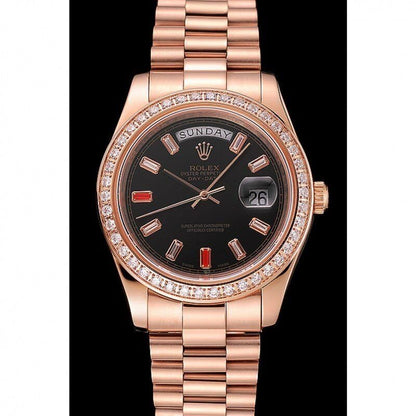 Swiss Rolex Day Date Diamonds And Rubies Black Dial Rose Gold Bracelet 1454102