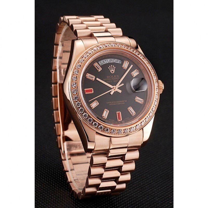 Swiss Rolex Day Date Diamonds And Rubies Black Dial Rose Gold Bracelet 1454102