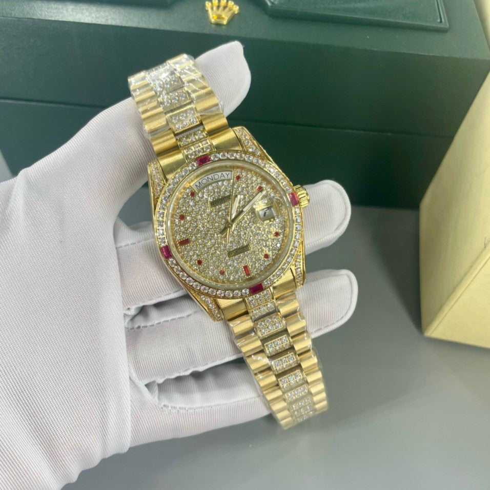 Swiss Rolex Day Date Red Diamond Pave Dial Gold Diamond Bracelet 1453960
