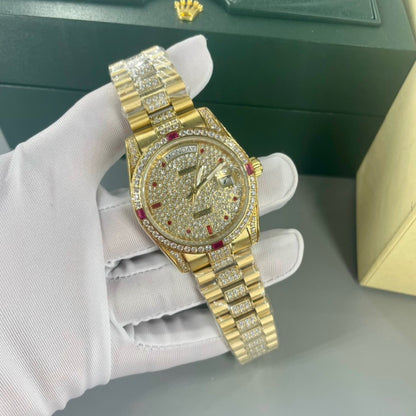 Swiss Rolex Day Date Red Diamond Pave Dial Gold Diamond Bracelet 1453960