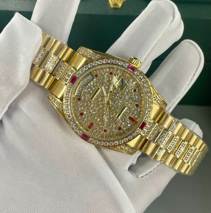 Swiss Rolex Day Date Red Diamond Pave Dial Gold Diamond Bracelet 1453960