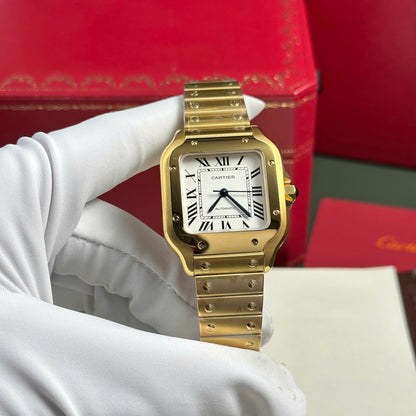 Cartier Santos De Cartier Watch Medium Model, Automatic Movement, Yellow Gold, Interchangeable Metal And Leather Bracelets WGSA0030