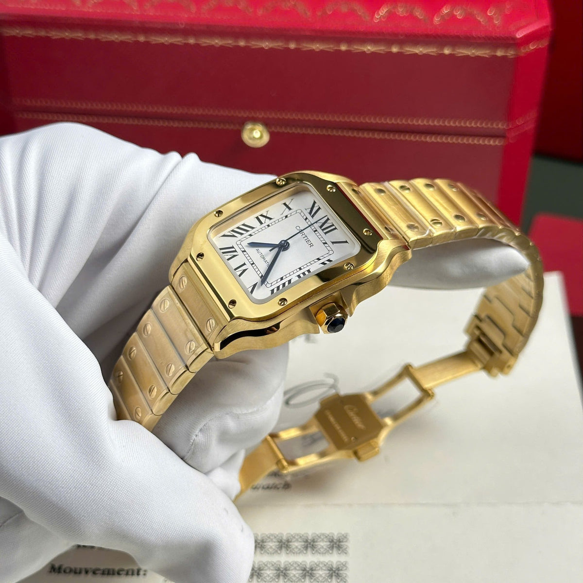 Cartier Santos De Cartier Watch Medium Model, Automatic Movement, Yellow Gold, Interchangeable Metal And Leather Bracelets WGSA0030
