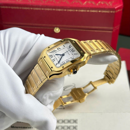 Cartier Santos De Cartier Watch Medium Model, Automatic Movement, Yellow Gold, Interchangeable Metal And Leather Bracelets WGSA0030