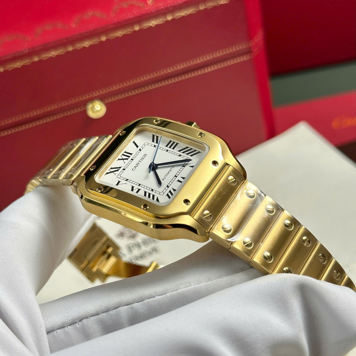 Cartier Santos De Cartier Watch Medium Model, Automatic Movement, Yellow Gold, Interchangeable Metal And Leather Bracelets WGSA0030