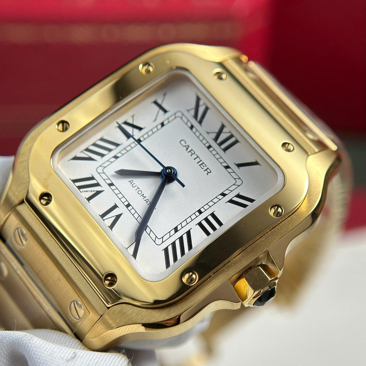 Cartier Santos De Cartier Watch Medium Model, Automatic Movement, Yellow Gold, Interchangeable Metal And Leather Bracelets WGSA0030