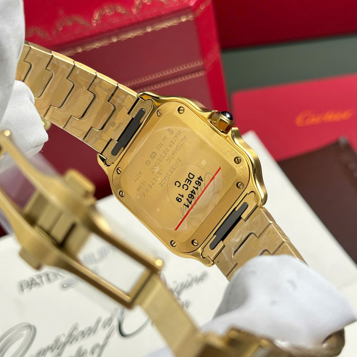 Cartier Santos De Cartier Watch Medium Model, Automatic Movement, Yellow Gold, Interchangeable Metal And Leather Bracelets WGSA0030