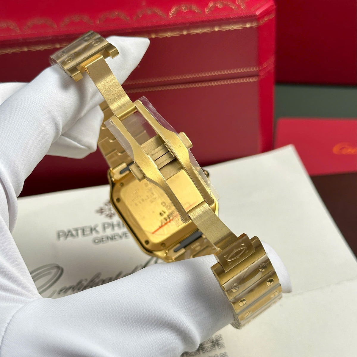 Cartier Santos De Cartier Watch Medium Model, Automatic Movement, Yellow Gold, Interchangeable Metal And Leather Bracelets WGSA0030