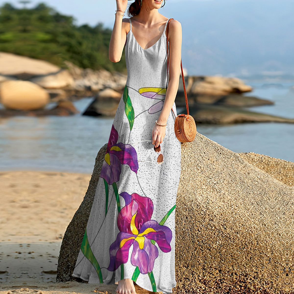 Dragonfly Glass Art Sleeveless Maxi Dress | Women Summer Dress | Sundress
