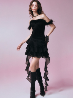 Midnight Glamour Feathered Short Dress