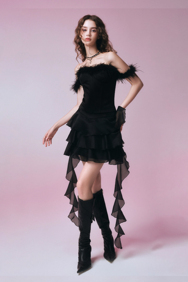 Midnight Glamour Feathered Short Dress